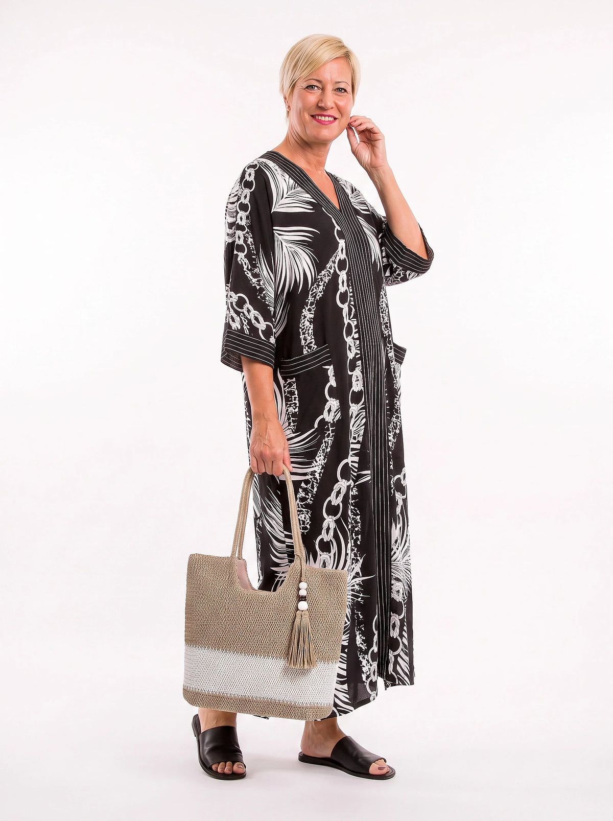 The Portofino - Monochrome Palm Caftan Dress