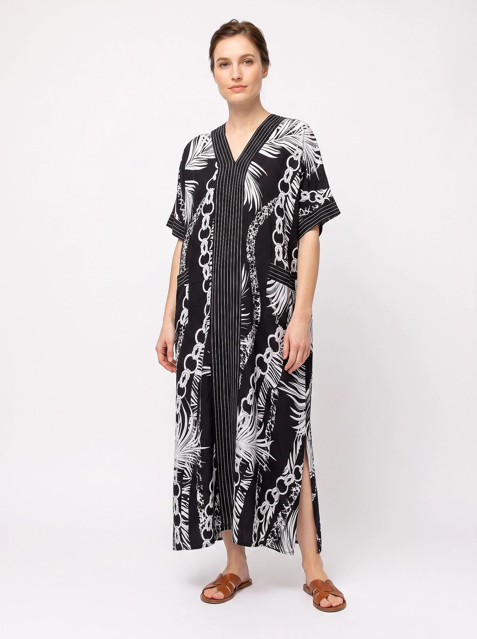 The Portofino - Monochrome Palm Caftan Dress