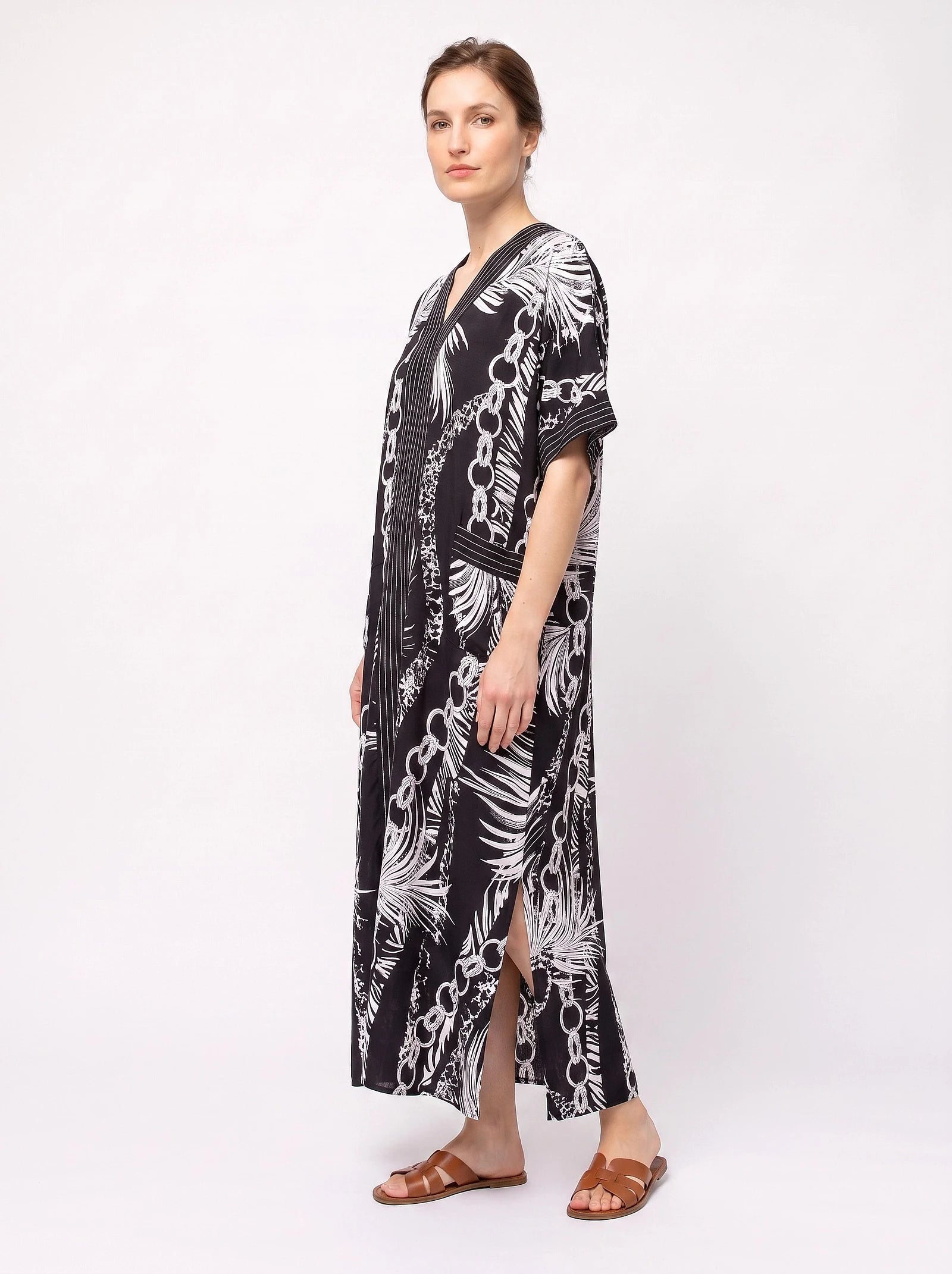 The Portofino - Monochrome Palm Caftan Dress