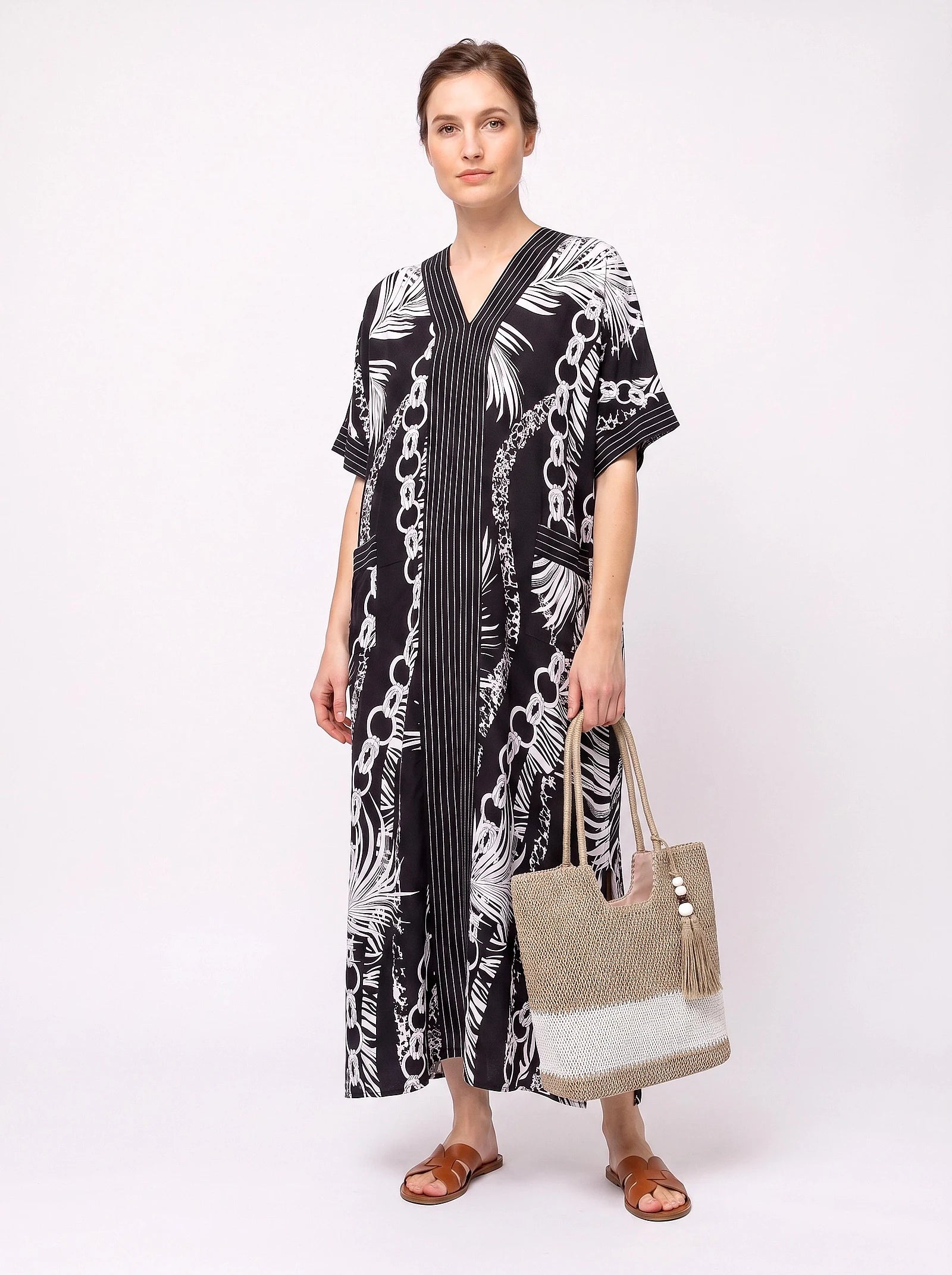 The Portofino - Monochrome Palm Caftan Dress